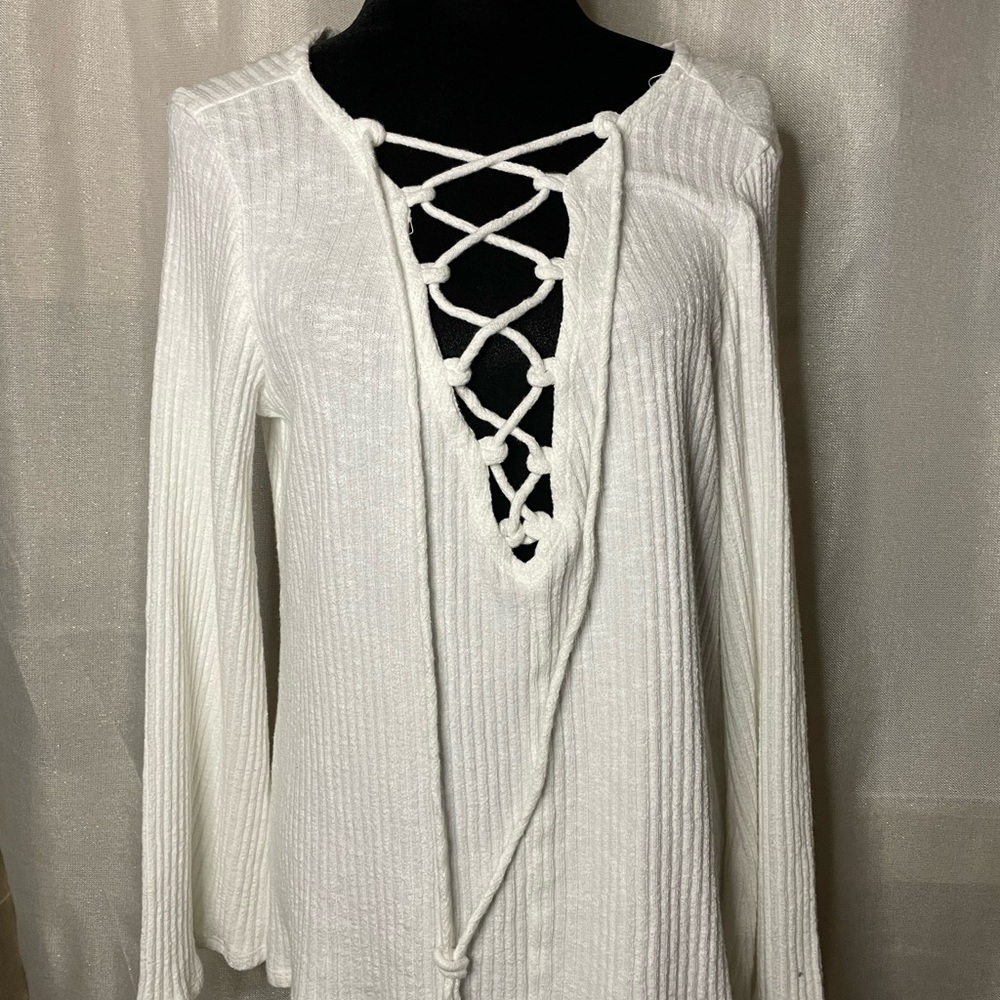 NWT Hardtail forever Women's Long Sleeve  Lace Up Casual Loose V Neck Small   - Picture 2 of 7
